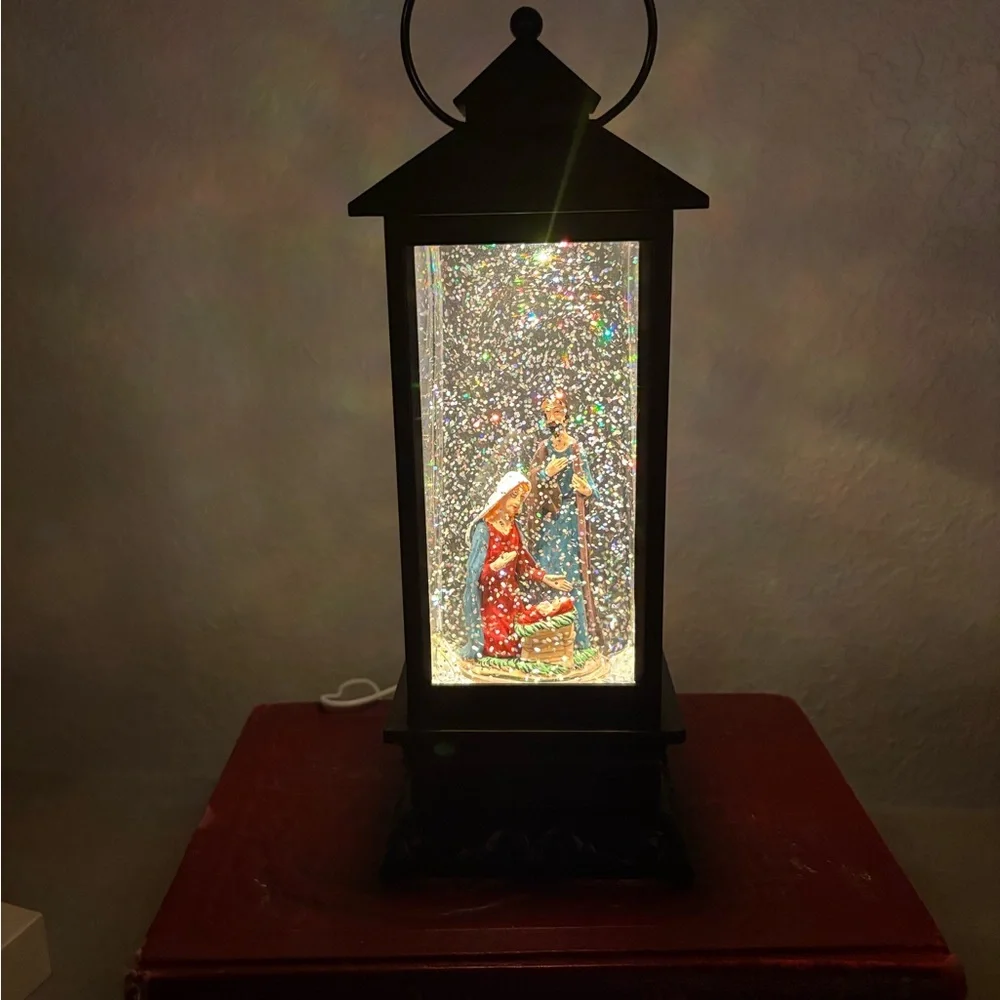 Black Frame Nativity LED Lantern with Glitter and Multicolor Scene